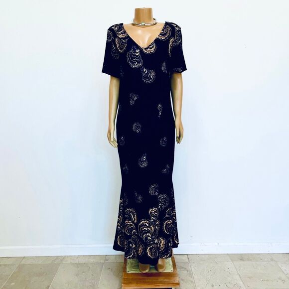 Candalite women’s 1X Plus Navy Blue Gold Seashells Print Short sleeve Maxi Dress - Picture 1 of 12